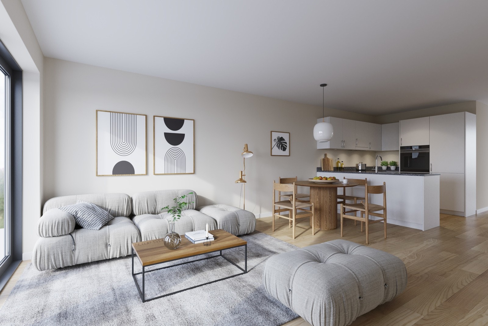 Illustrasjon standard. Stue og kjøkken i åpen løsning i inngangsetasjen. Galleribilde