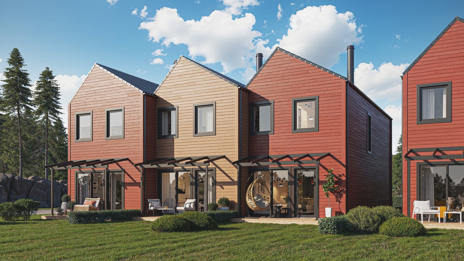 Rekkehusene vil gå over to etasjer og får fin uteplass med hage og markterrasse. Carport. God planløsning med bl.a 3 soverom. Galleribilde