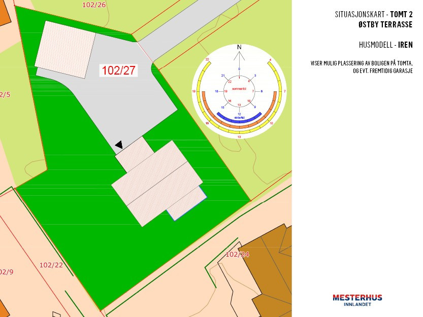 Situasjonskart viser plassering av boligen + avsatt plass til en evt. fremtidig garasje