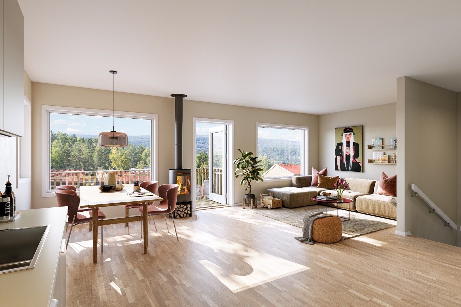 Romslig stue med utgang til terrasse. Flott utsikt. Galleribilde