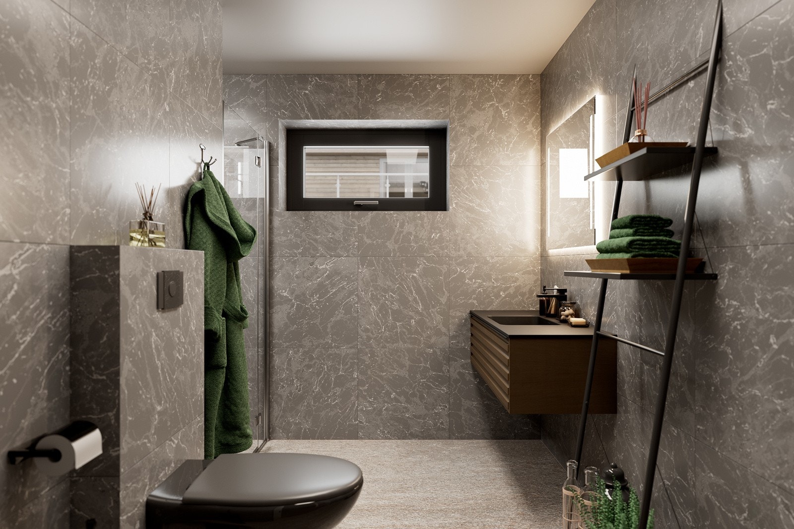 Moderne og tidløst bad. Dusj i nisje mot vaskerom. Galleribilde