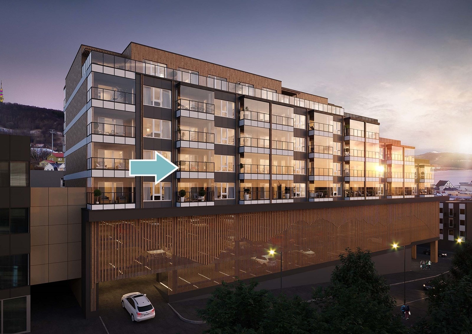 Leilighet nr 19 type Bodil med innglasset balkong og utsikt over Generalhagen. Galleribilde