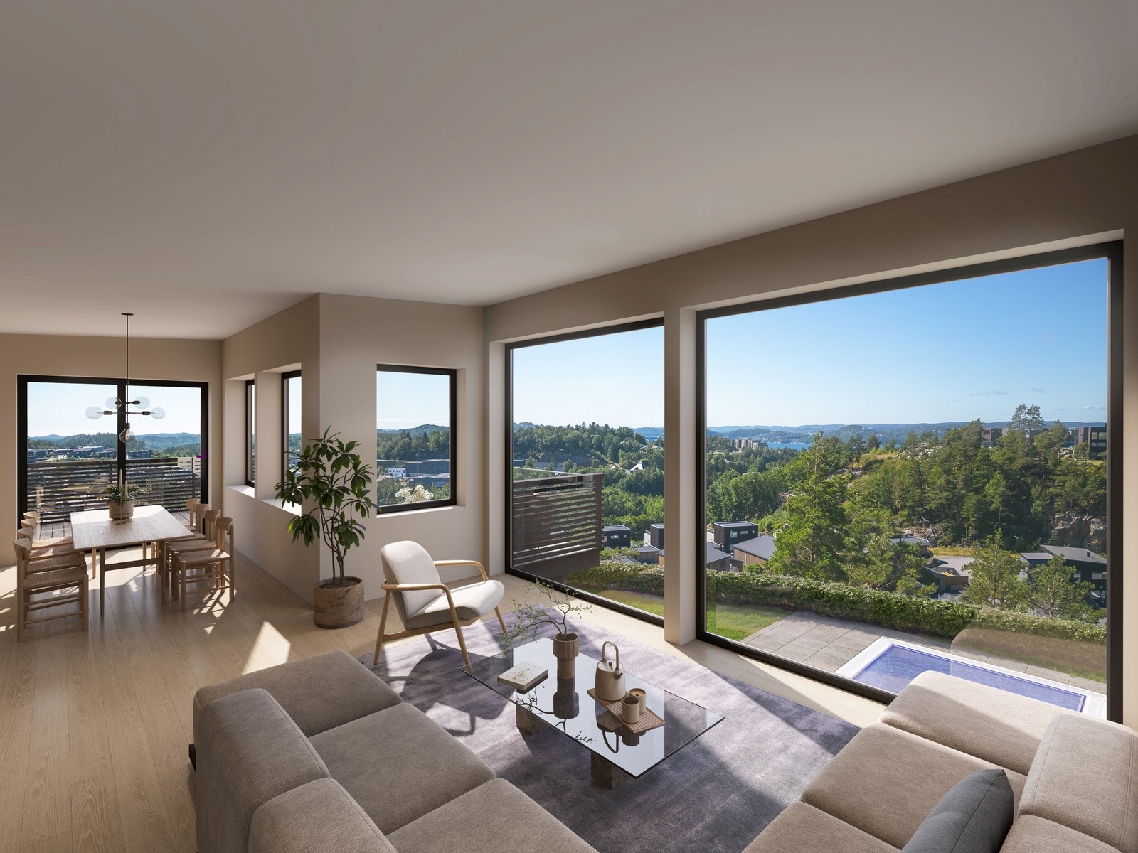 Høyt under taket, store vinduer, utsikt til sjøen, stor stue, kjøkken og terrasse Galleribilde