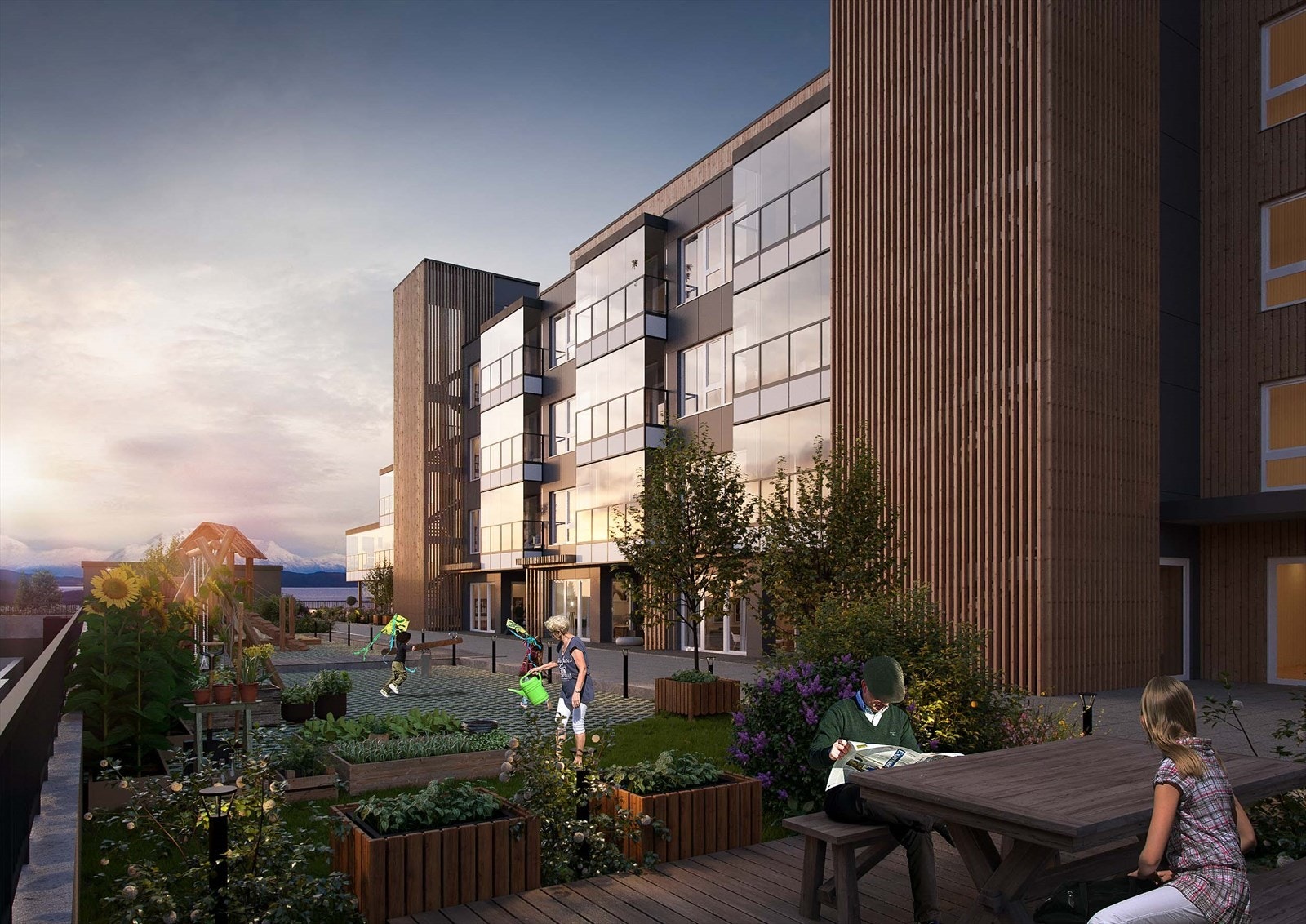 Skjermet mot vest ligger fellesarealet med adkomst, lekestativer, benker, arealer for beplantning og ly for nordavinden. Galleribilde