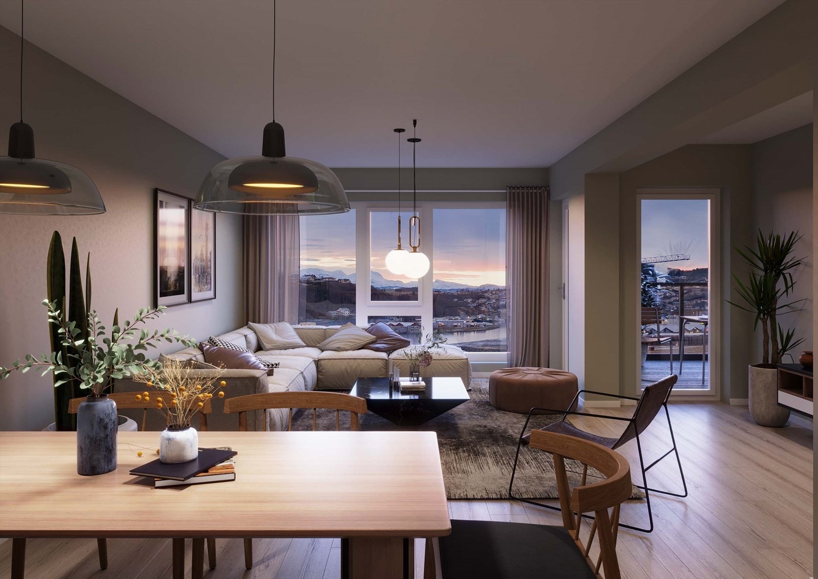 Romslig stue med fin utsikt gjennom store vinduer mot vest. (På bildet er det utsikt mot øst og Generalhagen, mens nr 21 får utsikt Harstadåsen og bebyggelsen. Galleribilde