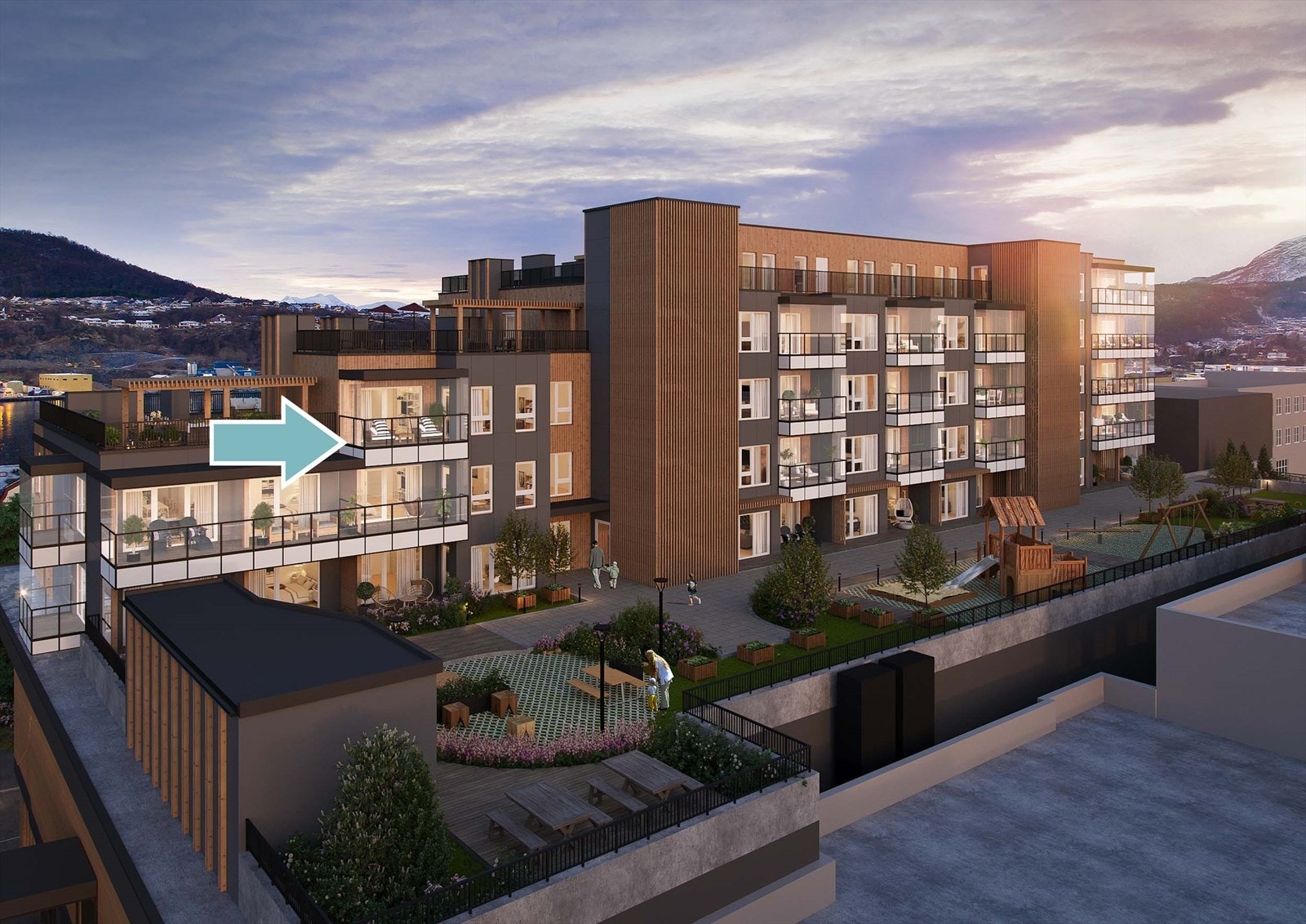 Leilighet type Knut II på hjørnet mot nordvest med kveldssol og flott utsikt. Galleribilde