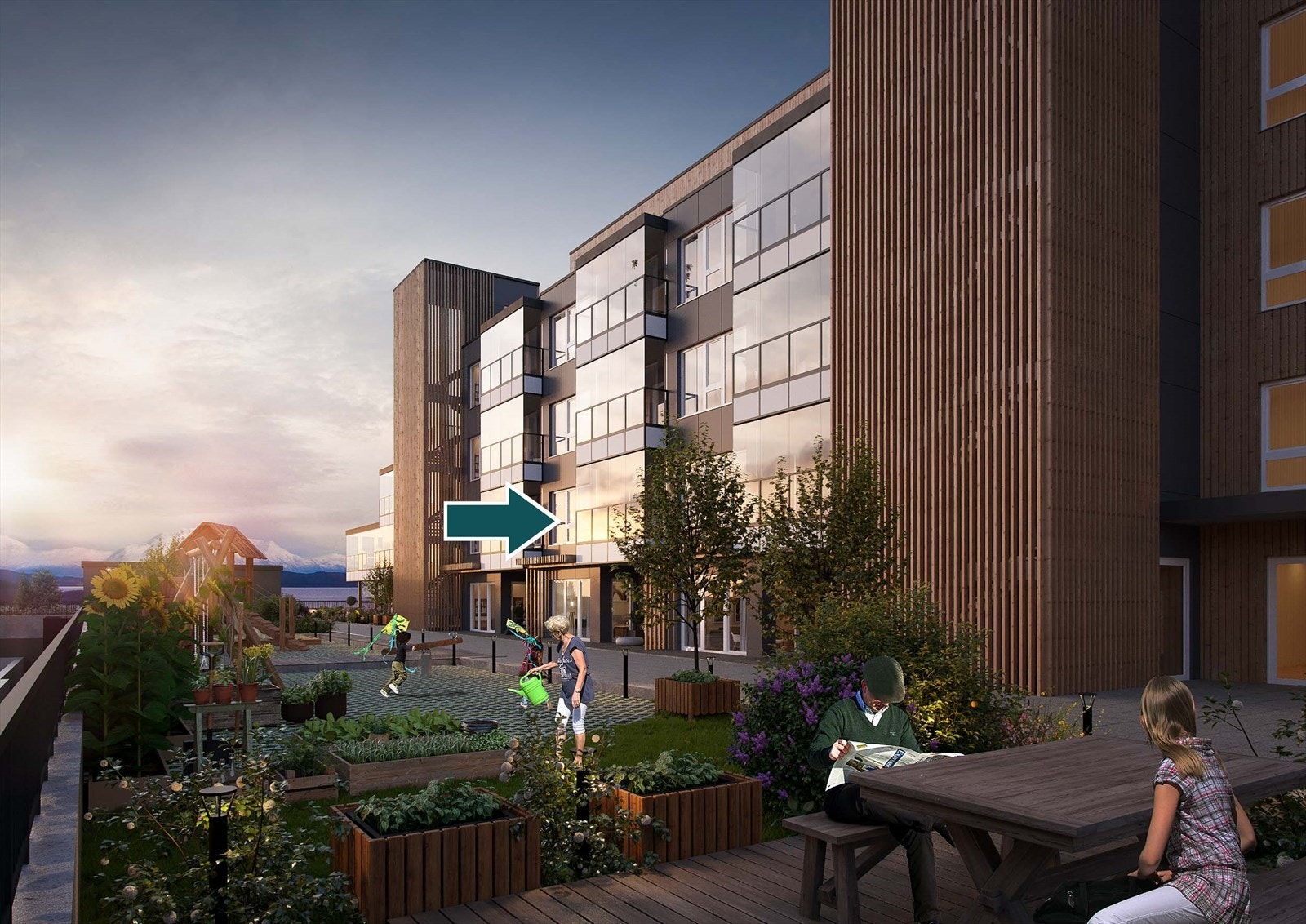 På den solrike vestsiden skal det bli en fin fellesterrasse med adkomstvei, benker, lekeplass og område for beplanting. Galleribilde