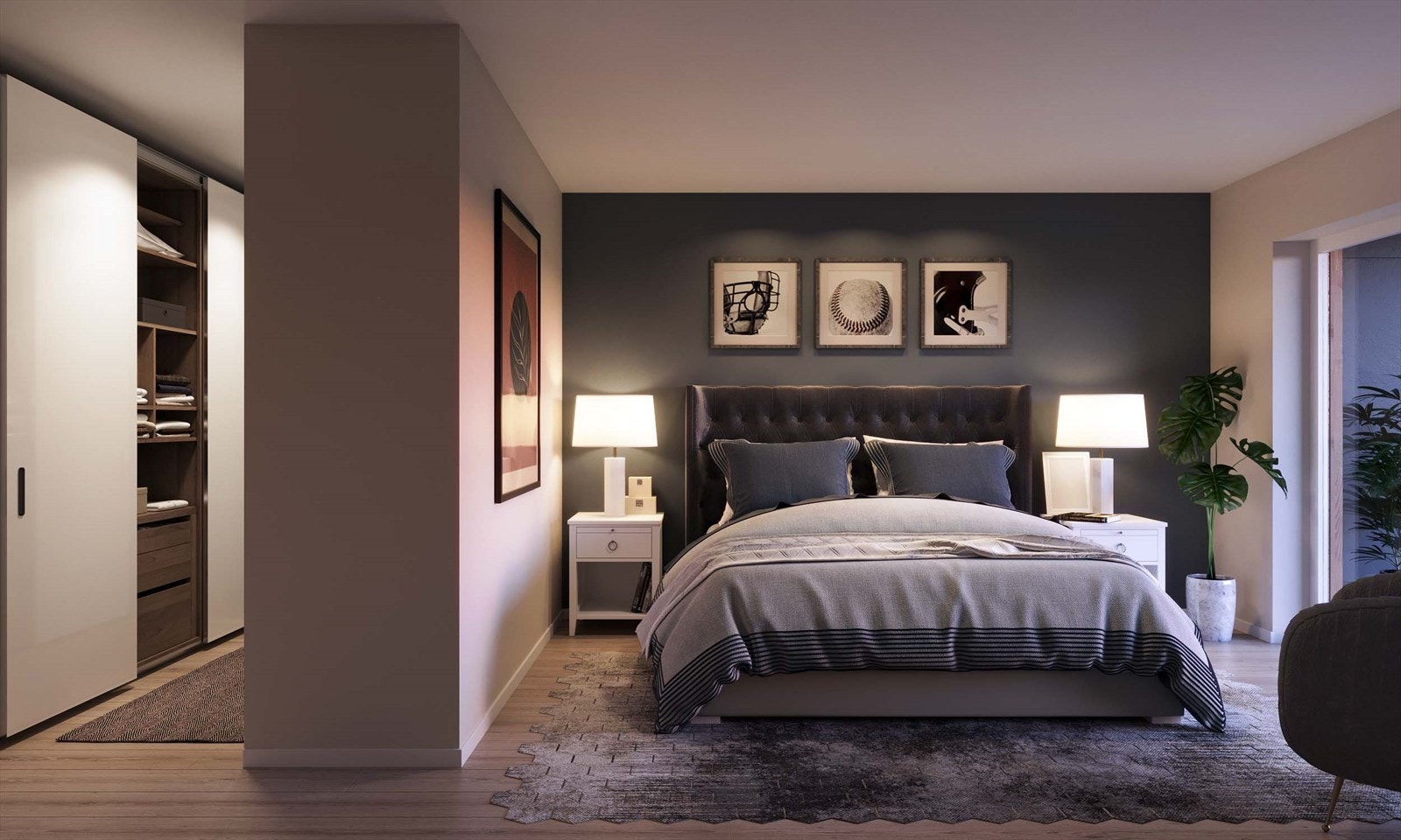 Master bedroom med fin størrelse og eget walk-in closet. Stort vindu med utsikt mot balkongen og Harstadåsen og bebyggelsen. Her kan du innrede nesten som et hotellrom. Galleribilde