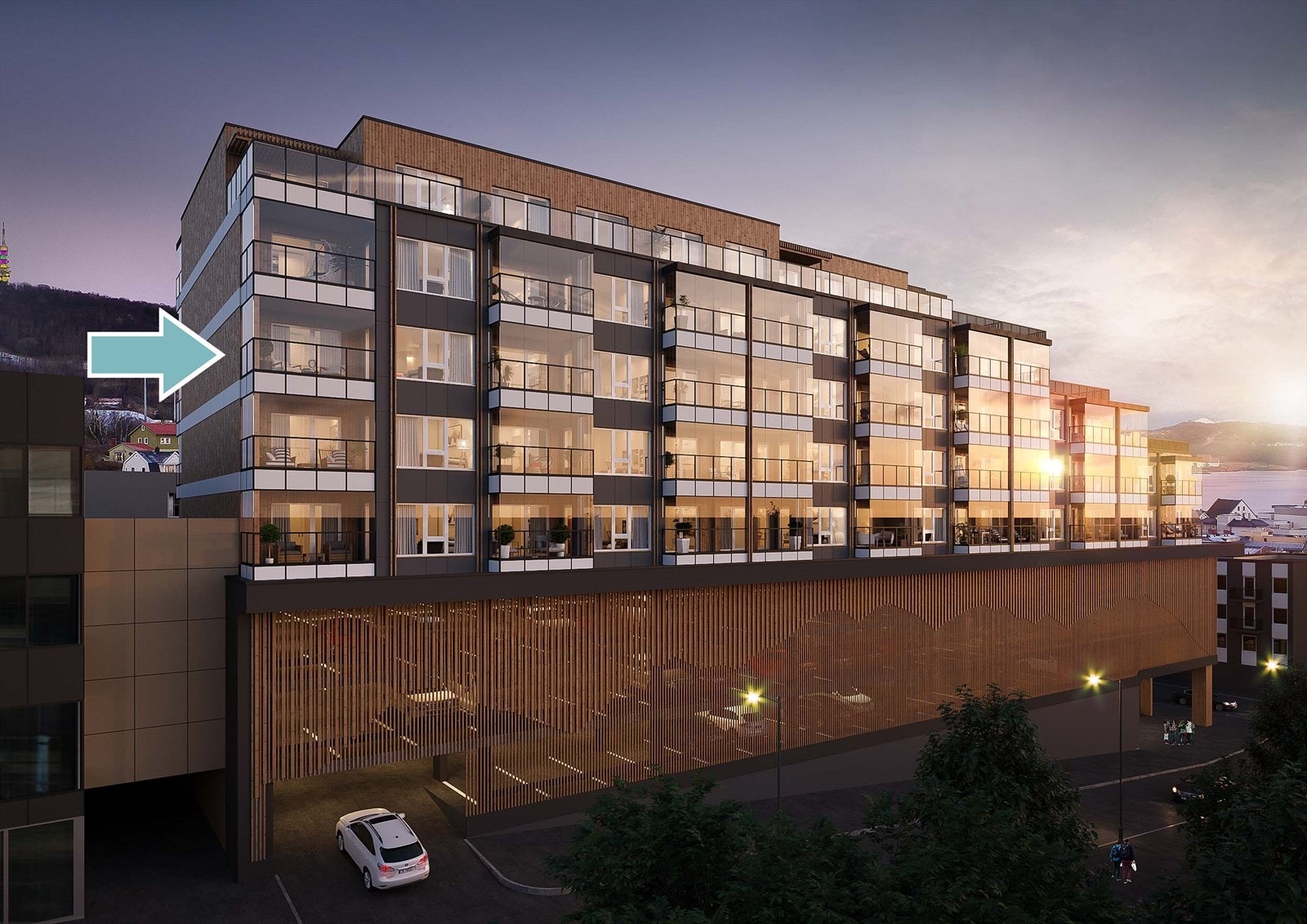 Her oppe i 8. etasje ligger LNR 30 type Bente med Fasade sørøst mot Generalhagen. Galleribilde