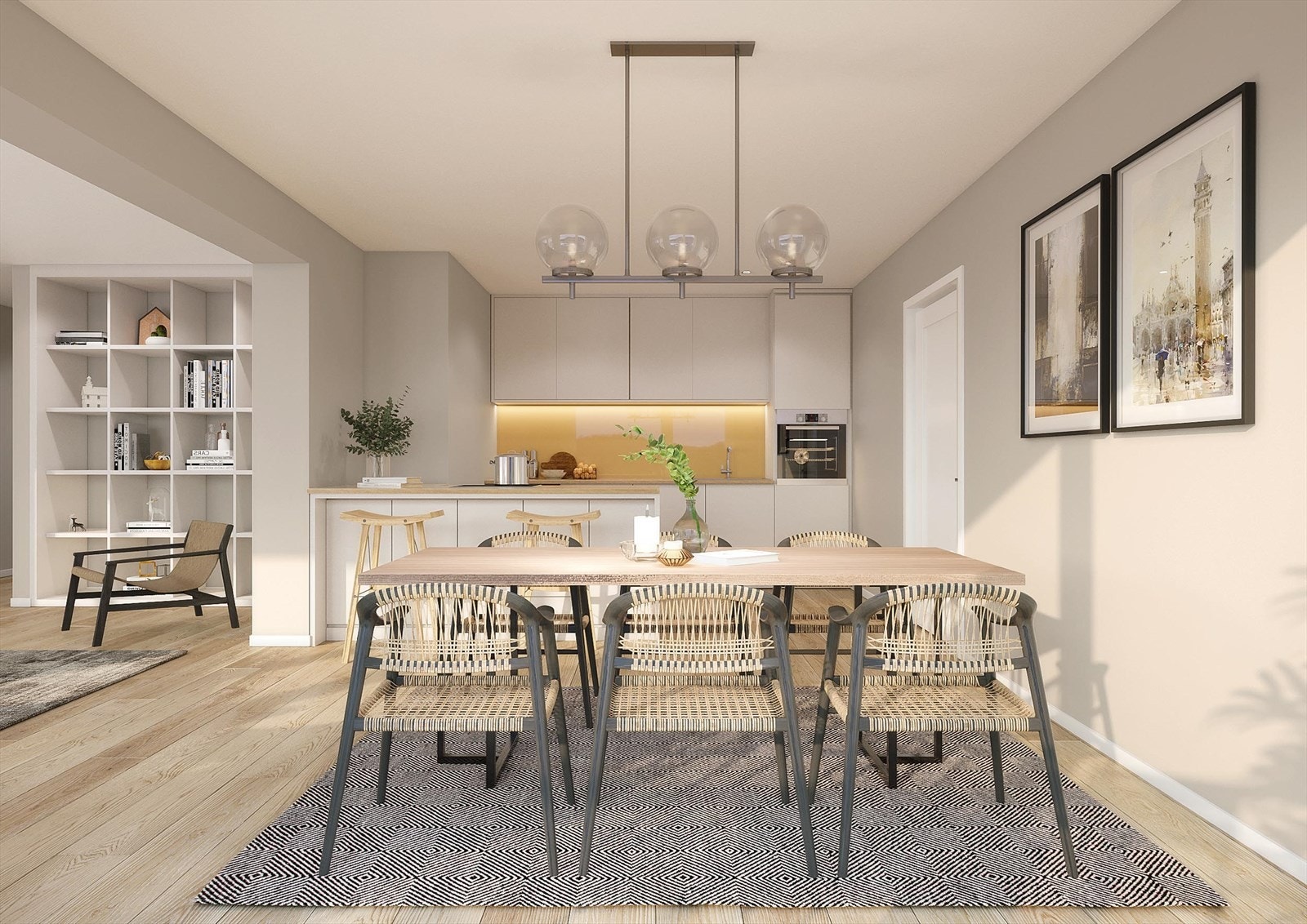 Visualisering av kjøkkenløsning med hestesko-form. (Dette bildet er fra annen leilighet) Galleribilde