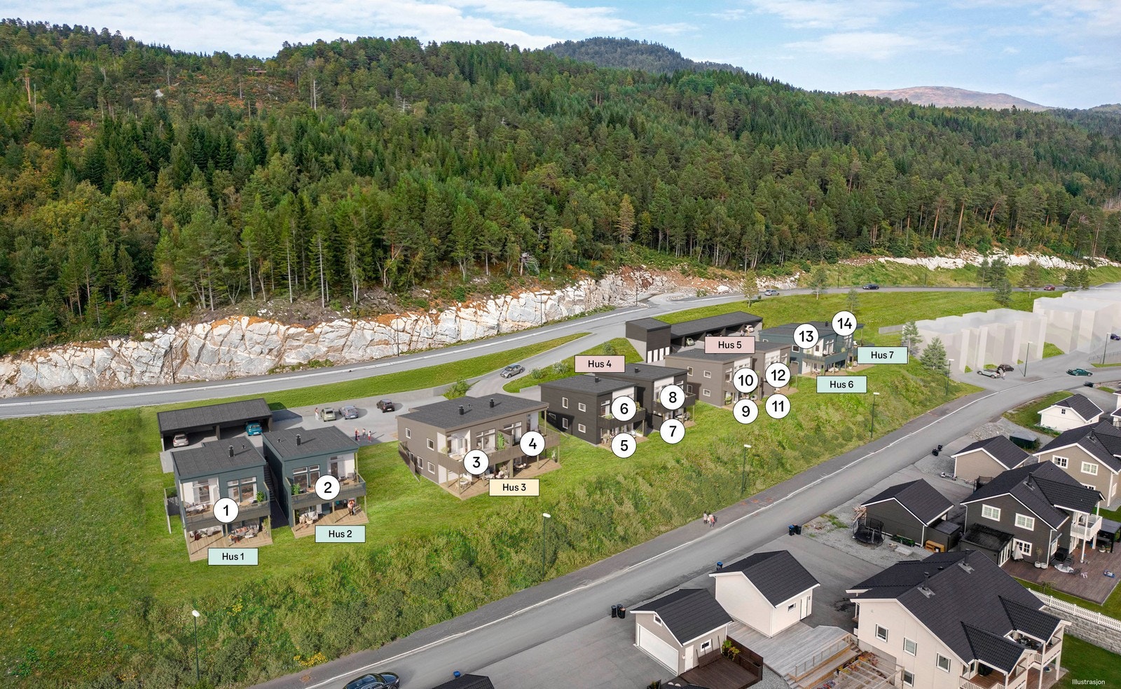 Boligen ligger som nr to fra venstre i bildet. Illustrasjon. Galleribilde