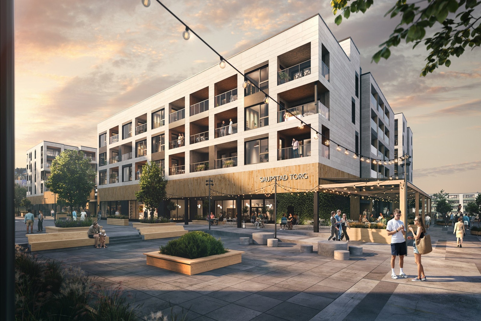 Det nye torget skal være et knutepunkt som er både levende og pulserende, og skal skape møteplasser både inne og ute. Illustrasjon. Avvik vil forekomme. Galleribilde