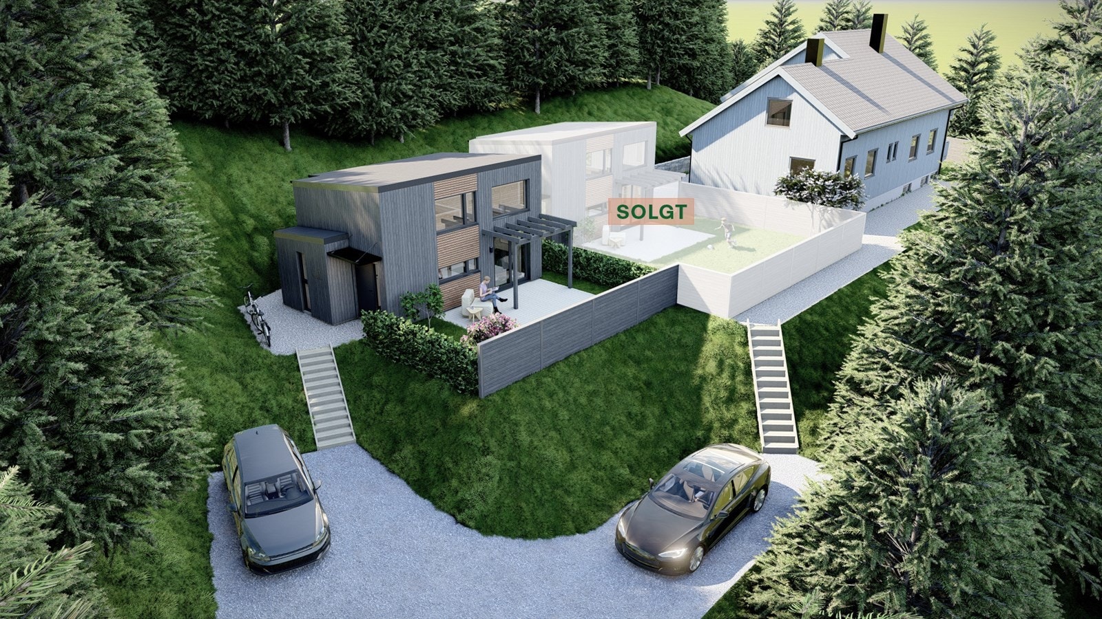 To plassbygde mikrohus er planlagt oppført på tomten. Ett er solgt, mens mikrohuset lengst unna kan fremdeles kapres! Galleribilde