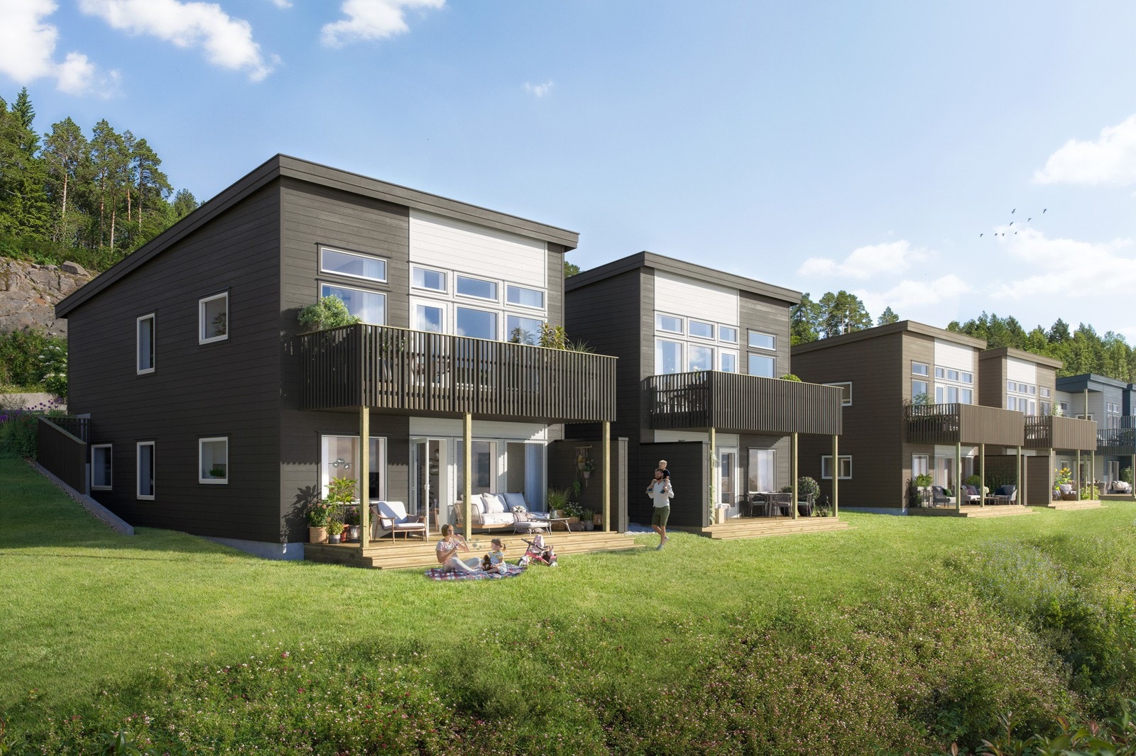 Hyggelig bomiljø med fine uteplasser. Illustrasjon. Galleribilde