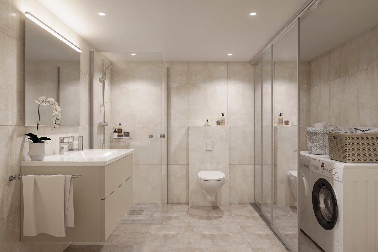 Bad med vaskeromsdel bak skyvedører. Illustrasjon. Galleribilde