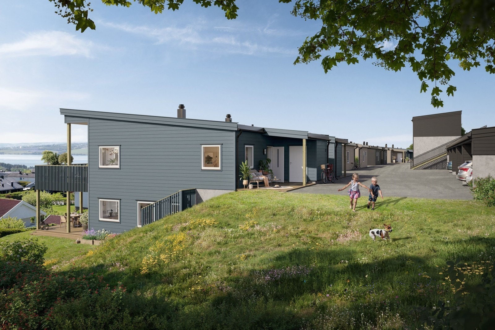 Boligen ligger i et hyggelig gatetun med carport i bakkant. Illustrasjon. Galleribilde