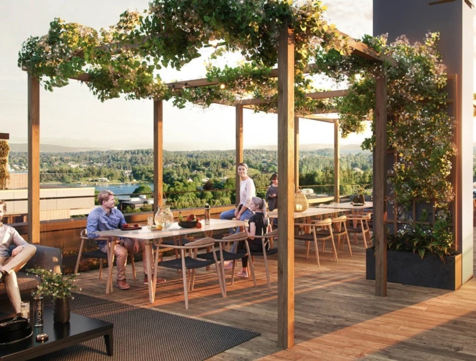 Fantastisk felles takterrasse med utsikt over sjøen Galleribilde