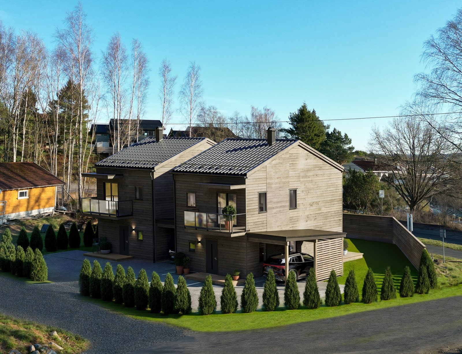 Her bygges 2 flotte eneboliger i rekke. Det blir praktiske familieboliger med smart planløsning. Det medfølger egen carport. (Illustrasjon). Galleribilde