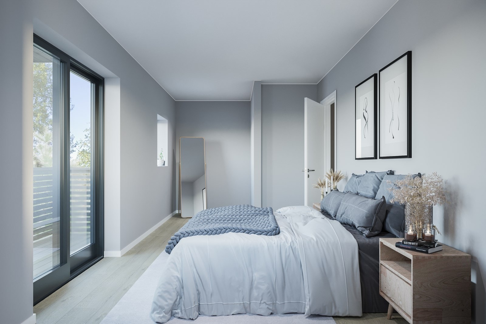 3 romslige soverom gir plass til hele familien. Fra master bedroom blir det utgang til balkong. (Illustrasjon). Galleribilde