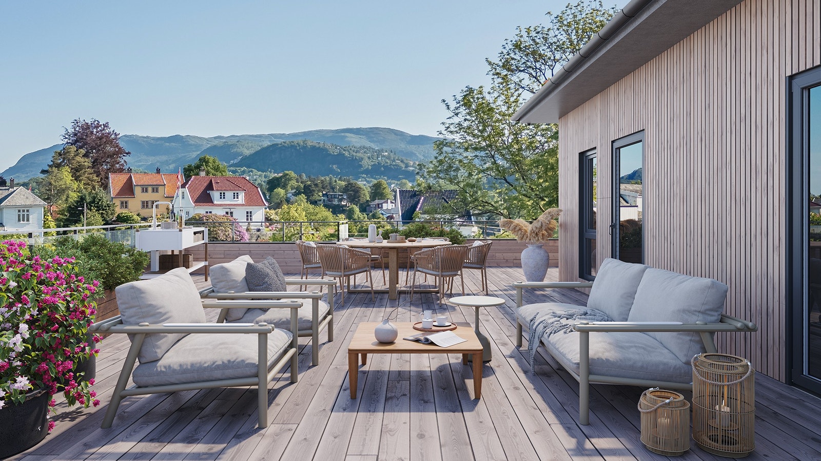 Illustrasjonsbilde av takterrasse til en av de to toppleilighetene. Alle leilighetene får private og solrike balkonger/terrasser. Galleribilde