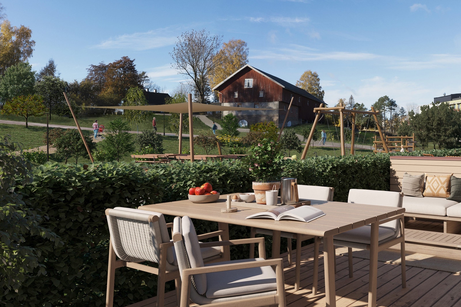 Uteplass med utsikt til Langhus Gård. Galleribilde