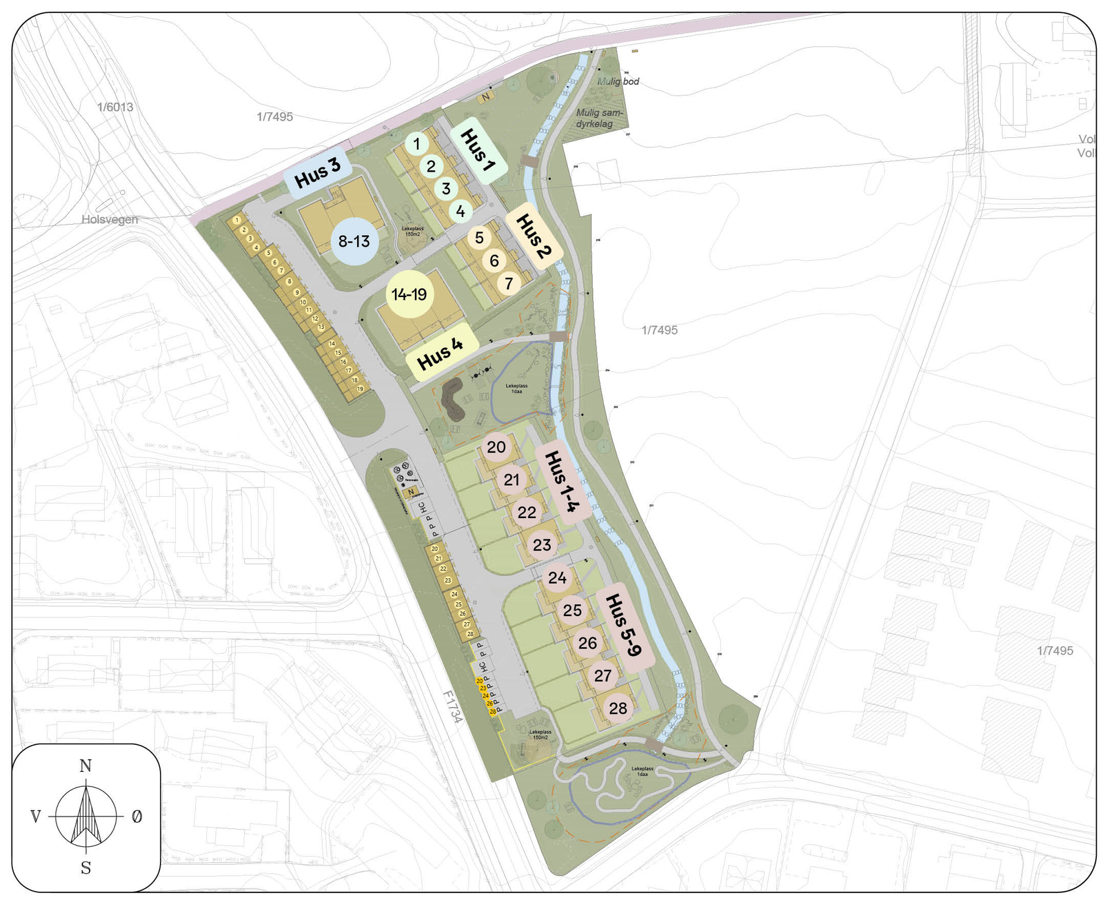 En oppstilling av de ulike boligene i prosjektet og plassering på feltet! Galleribilde