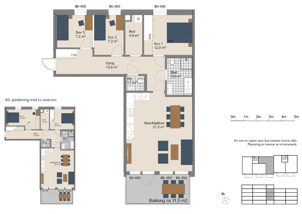 Planløsning. Skyvedørsgarderobe i soverom 1 er utvidet iht stiplet linje Galleribilde