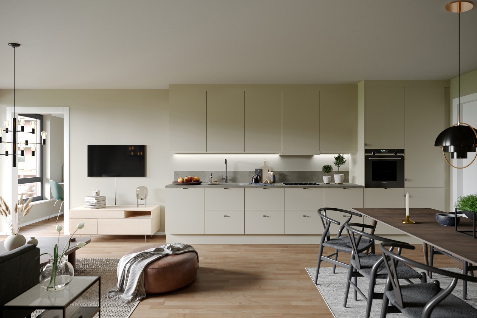 Åpen kjøkken og stueløsning med utgang til balkongen Galleribilde