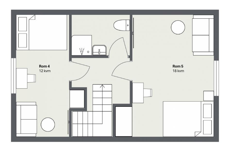 Plantegning 2 Etg. Rom 4 og 5 har sofa og seng Galleribilde