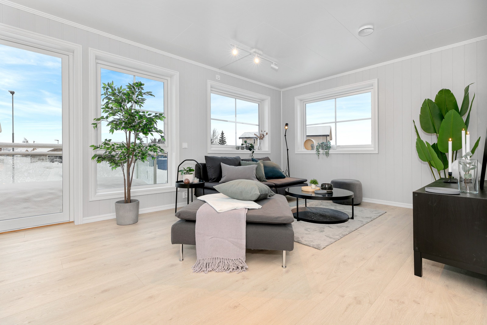 Romslig stue med store vindusflater Galleribilde