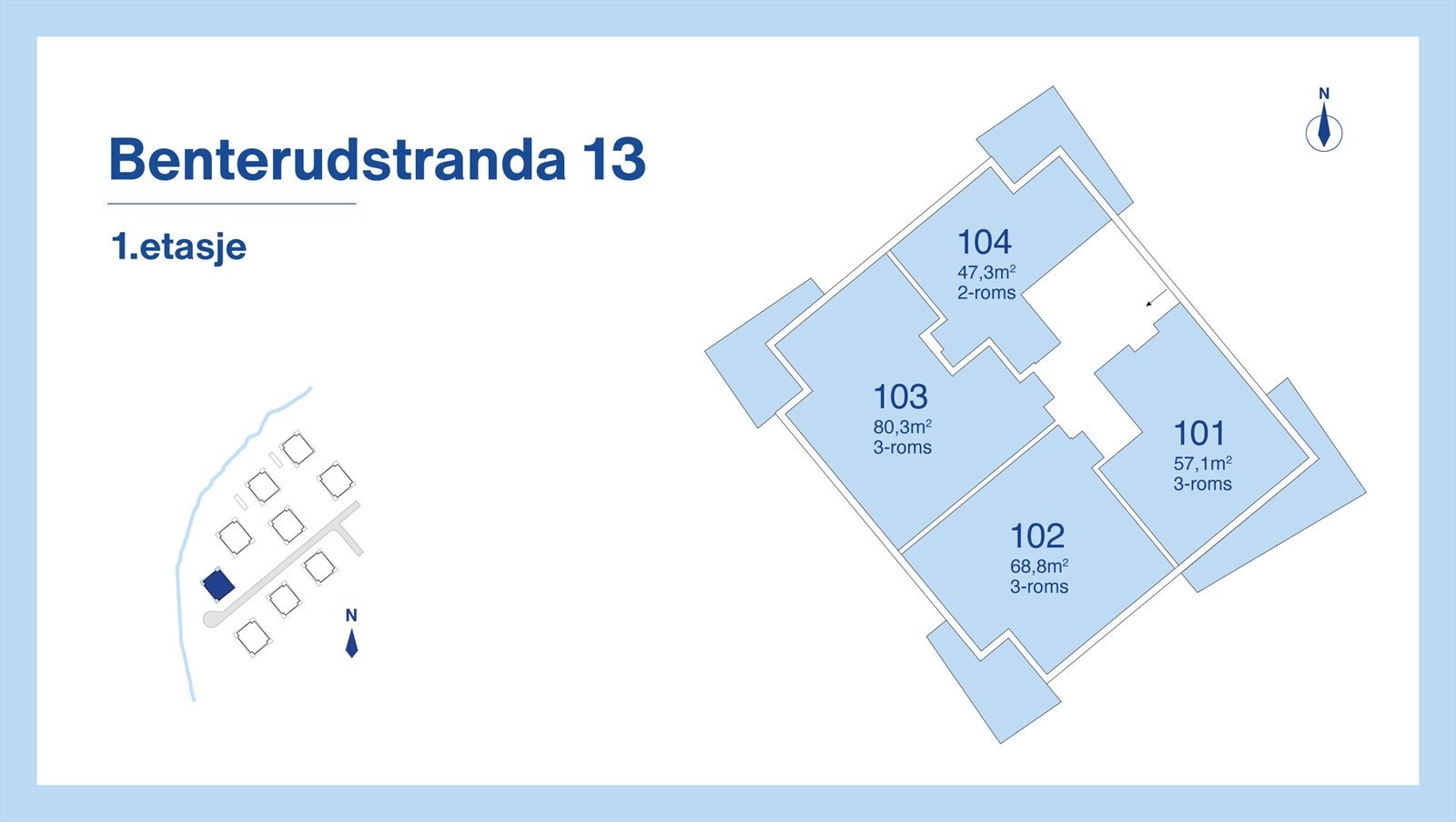 Etasjeplaner 1. etasje. I denne etasjen er leilighet 102 ledig. Galleribilde