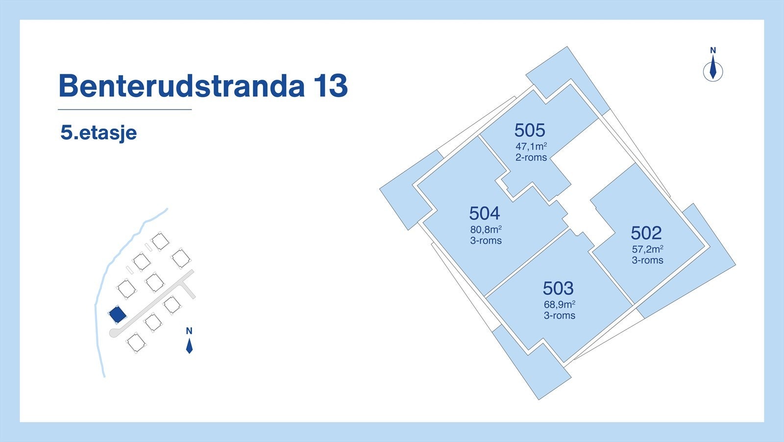 Etasjeplan 5. etasje. I denne etasjen er leilighet 502 ledig. Galleribilde