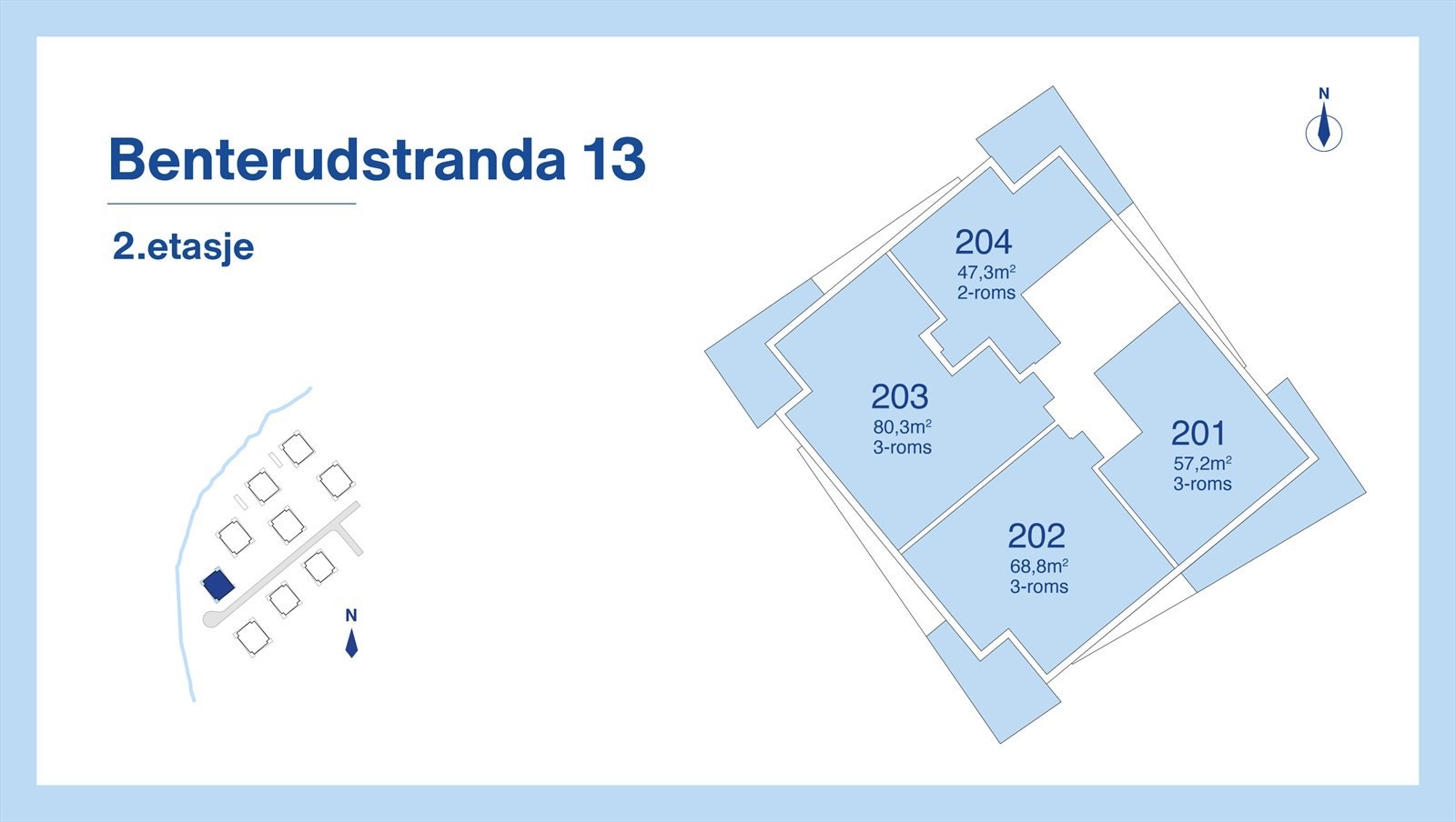 Etasjeplaner 2. etasje. I denne etasjen er leilighet 203 ledig. Galleribilde