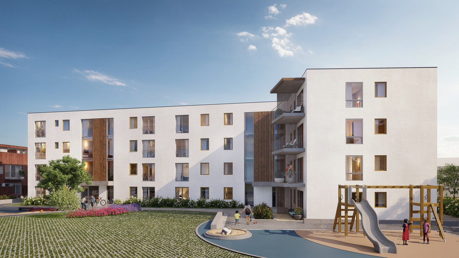 Illustrasjon av felles hage med lekeplass, stor gressplen og dekorativ beplantning. Avvik vil forekomme. Galleribilde