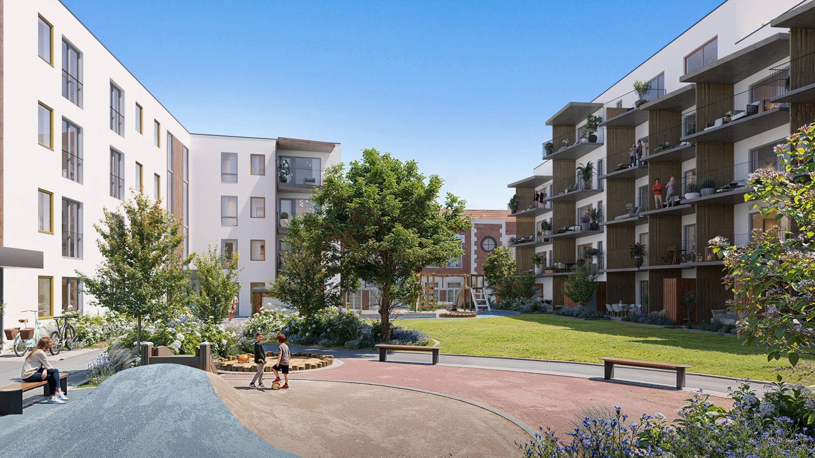 Illustrasjon av felles hage med lekeplass, stor gressplen og dekorativ beplantning. Avvik vil forekomme. Galleribilde