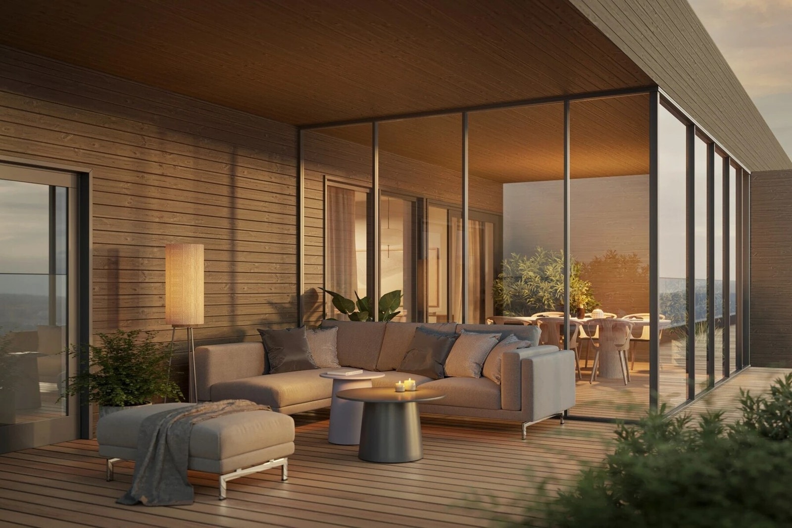 Her vil du få en terrasse med vinterhage på til sammen 40m² som vender sørvest. Illustrasjon. Galleribilde