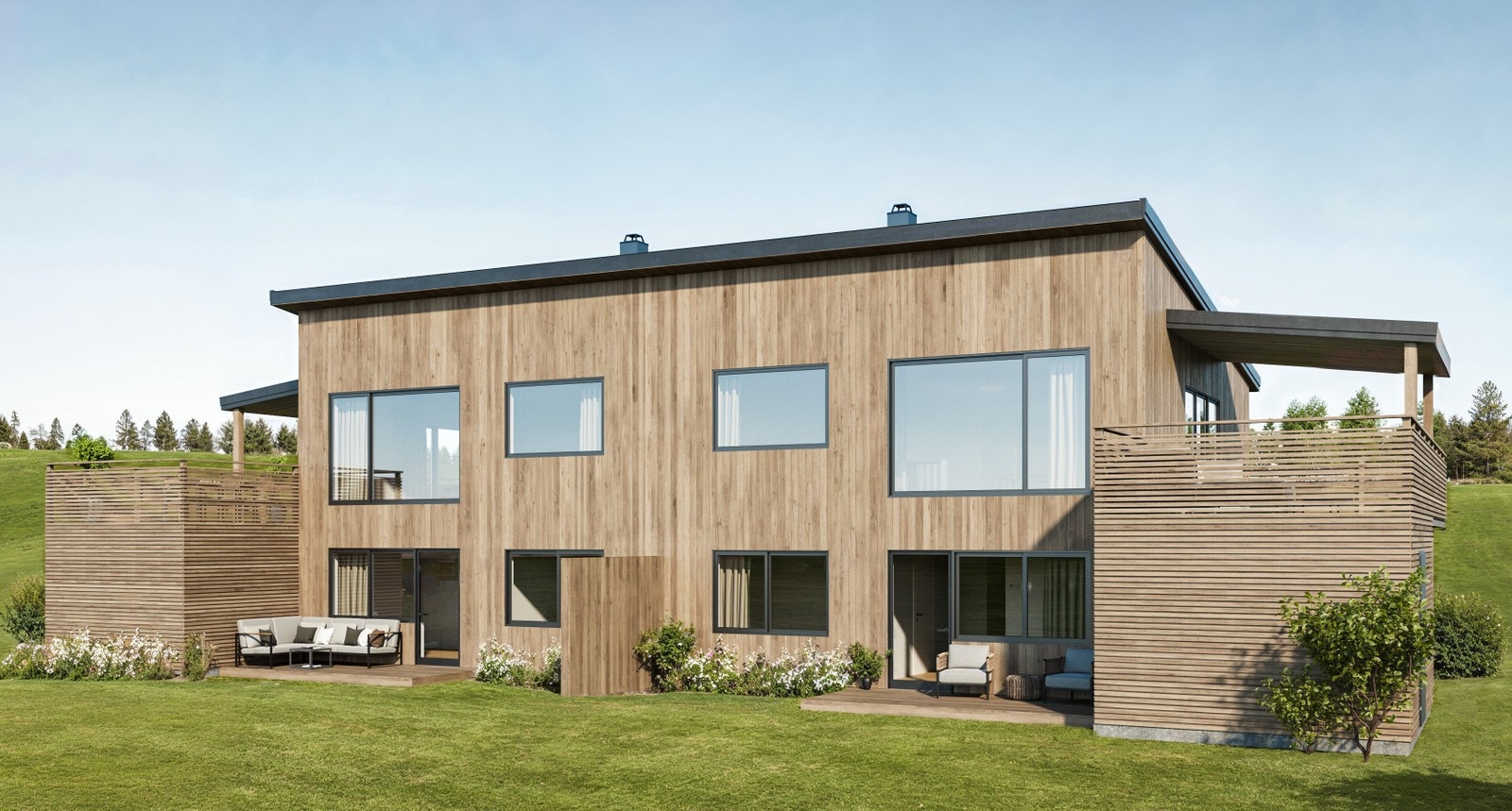 Illustrasjon av tomannsboligen, fasade mot Lågen Galleribilde