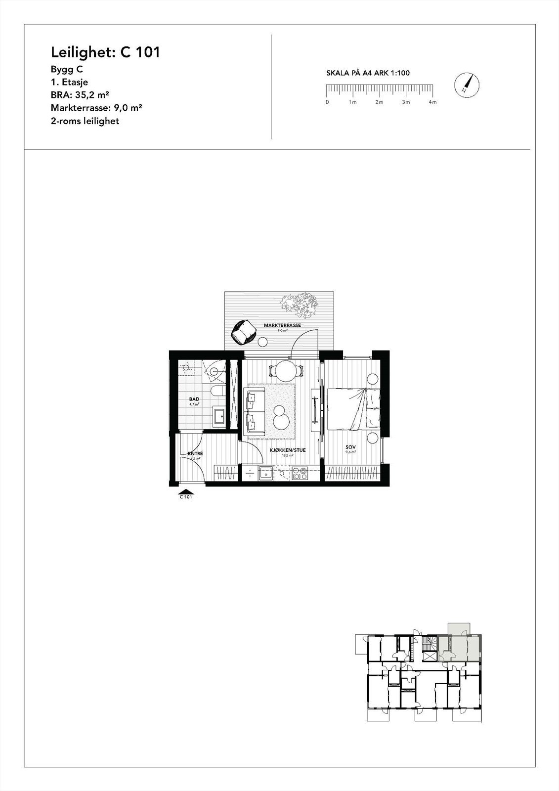 Planskisse C101 - Innvendige bilder i annonsen er illustrasjoner for prosjektet og ikke av selgende leilighet. Interessenter bes gjøre seg kjent med salgsoppgave og planløsning som vist her. Galleribilde