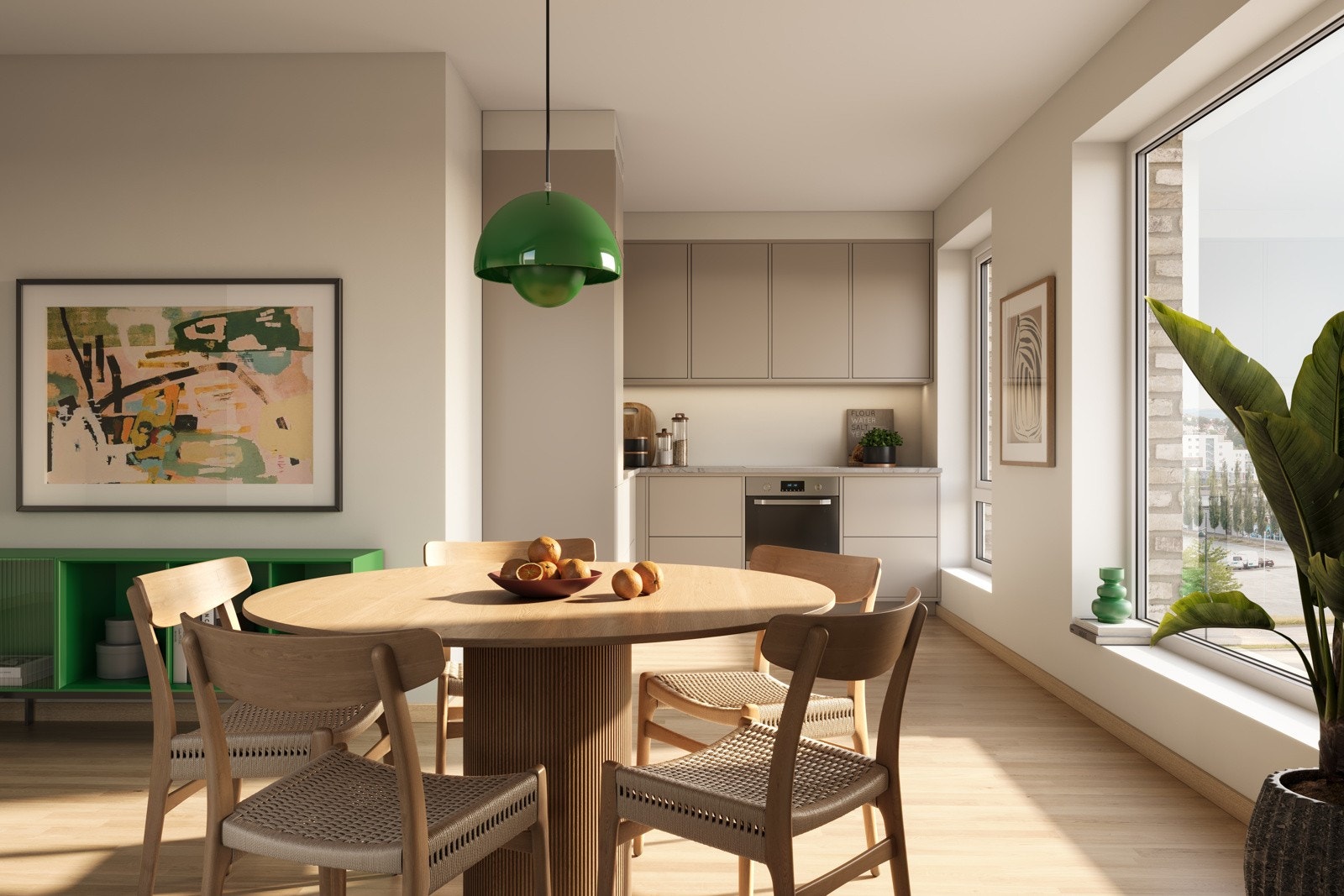 Lys og flotte leiligheter med kjøkken med integrerte hvitevarer. Illustrasjon, avvik vil forekomme. Galleribilde