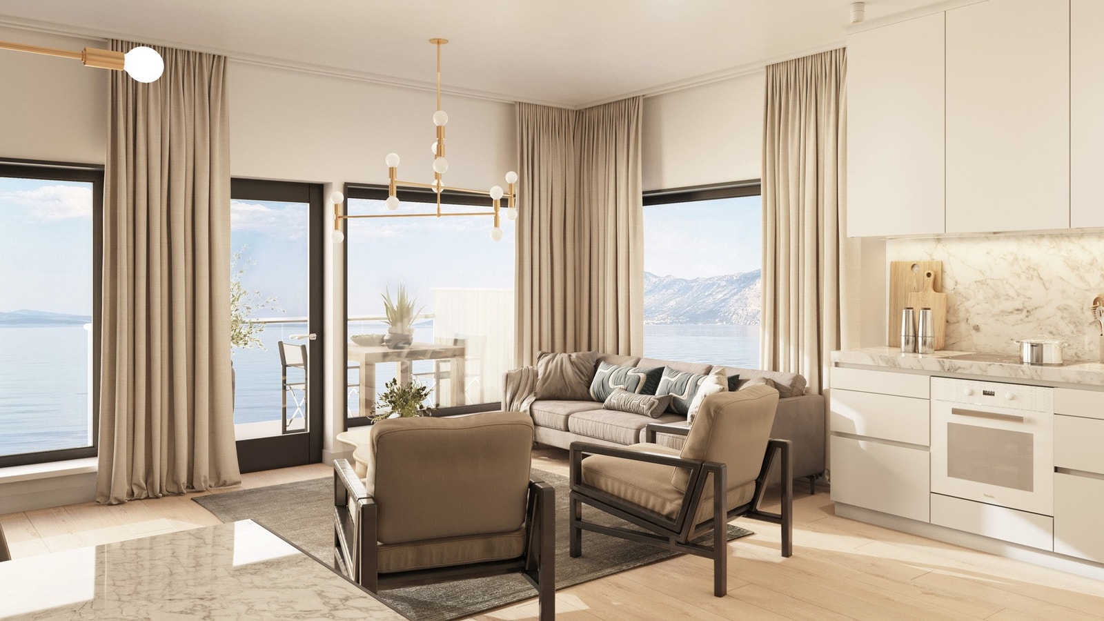 Fra stuen har du nydelig og uforstyrret utsikt mot havet og fjellene i nord. Gulvene tilbys i 1-stavs parkett. Galleribilde