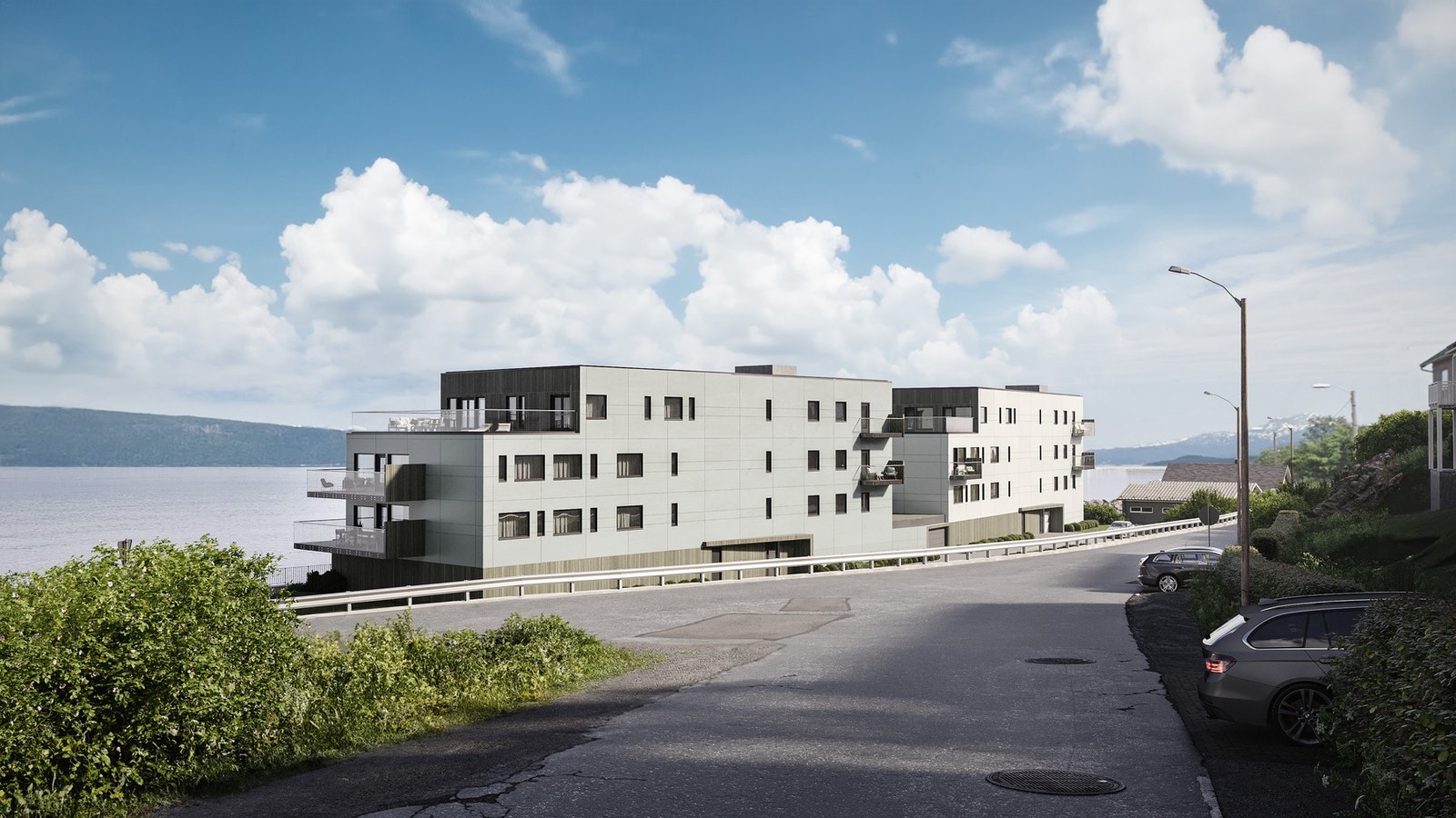 Fasadene planlegges i maritime farger som harmonerer med kystens klima. Den nederste delen, parkeringsvolumet, foreslås utført i trepaneler
i nøytrale gråtoner. Byggene vil i tillegg bli trukket tilbake på øverste etasje mot vest. Denne tilbaketrekning... Galleribilde