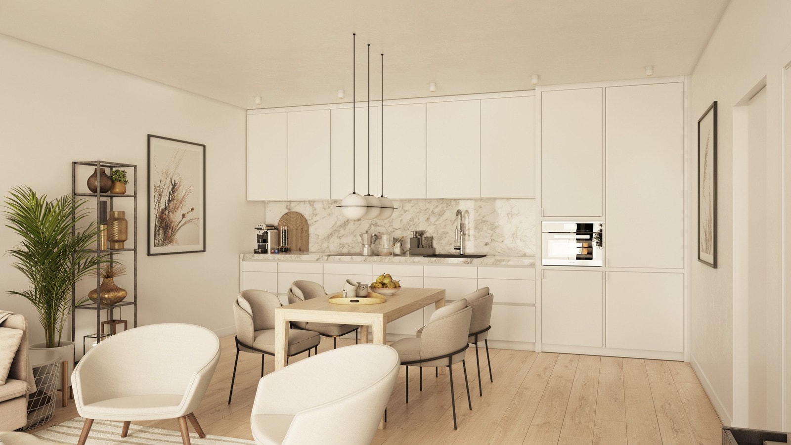 Det tilbys kjøkkeninnredning type fra HTH, med hvitlakkerte hvite fronter. Alle overskap
og høyskap er av takhøy type. Det er medtatt demping på skuffer og skapdører samt integrerte LED lys-profiler under alle overskap som er
40cm eller bredere. Galleribilde