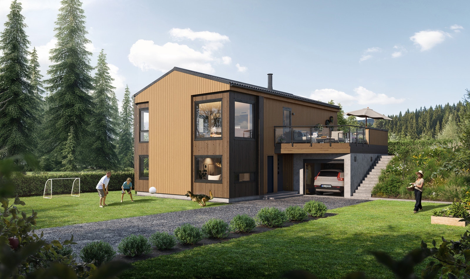 Bygg nytt, moderne hus med utleiedel og garasje i barnevennlig område (illustrasjonsbilde) Galleribilde