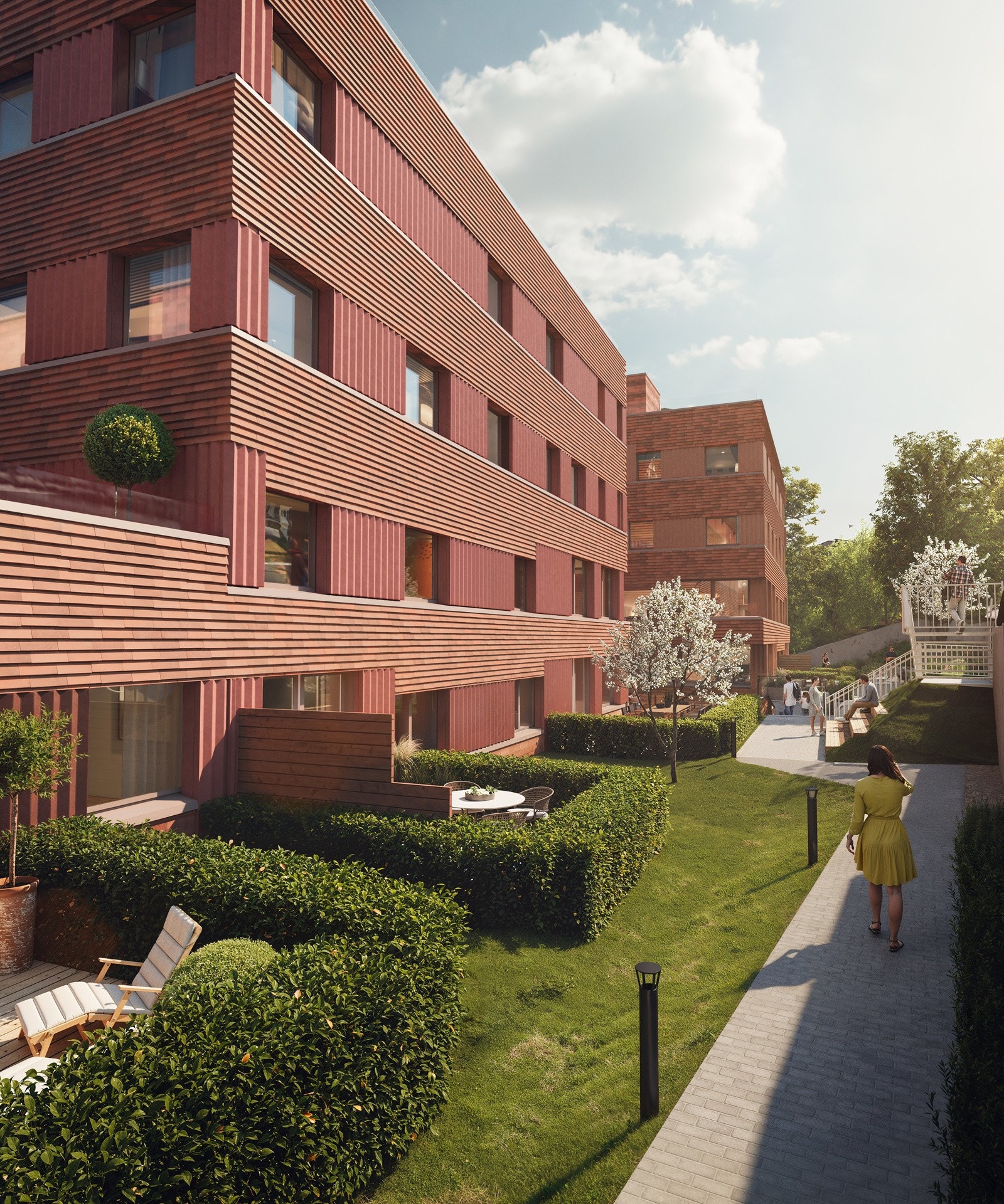 Med hjelp fra landskapsarkitektene hos Bar Bakke vil de felles uteområdene mellom byggene gli perfekt inn i villahagene som ligger rundt. Galleribilde