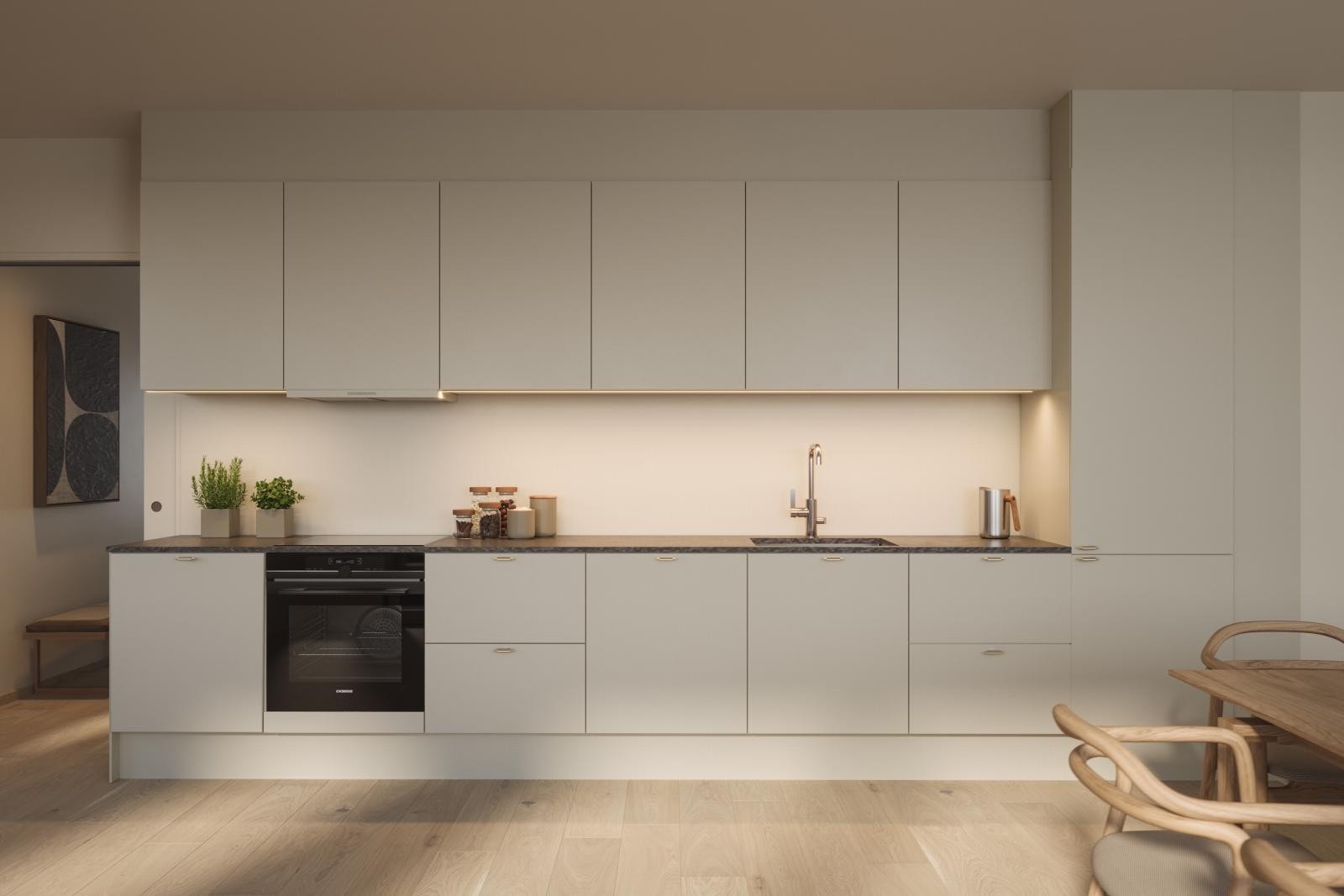 Lyst og mørkt kjøkkenkonsept. Galleribilde