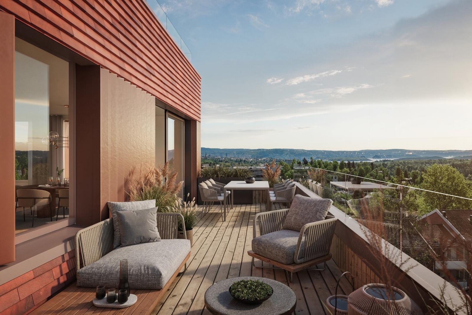 Store, gode balkonger med flott utsikt. Himmelen vil rett og slett virke mer vidstrakt sett fra Villa Silur. Illustrasjon av leilighet A502. Galleribilde