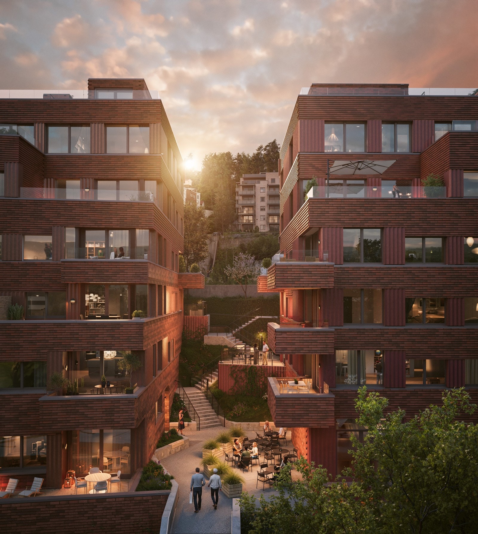 Torget mellom bygg A og B vil være et sosialt samlingspunkt, møblert med sittekanter, plantekasser og sittegrupper. Galleribilde