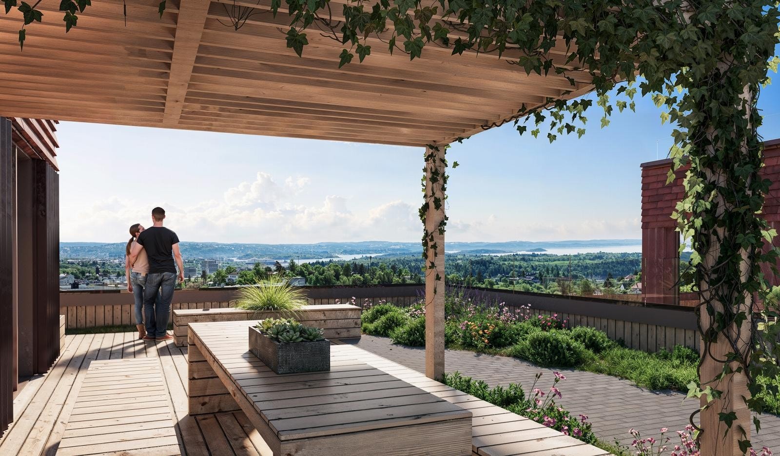 Kronen på verket blir en flott takterrasse, tilgjengelig for alle beboerne. Her blir det benker, pergola, en grill, plantekasser og en utsikt selv den mest blaserte må kalle spektakulær! Galleribilde