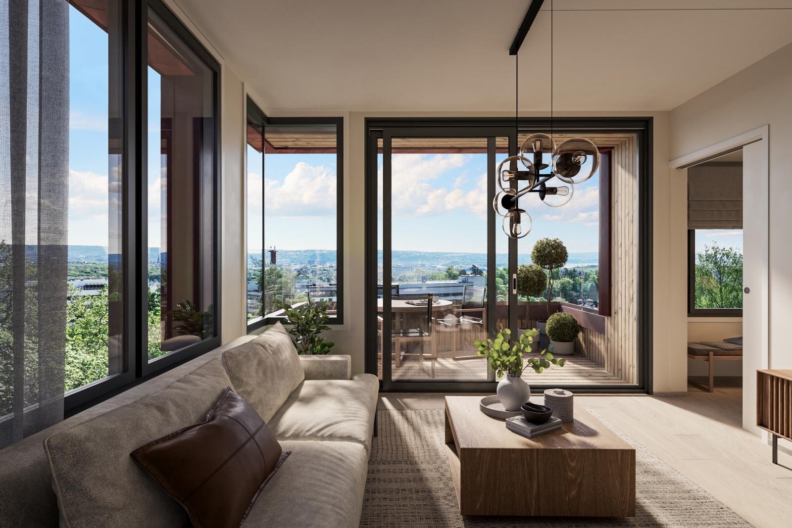 Leilighetene får romløsninger hvor skyvedører skaper gode siktlinjer samt smarte løsninger for garderobeskap. Illustrasjon av leilighet B501. Galleribilde