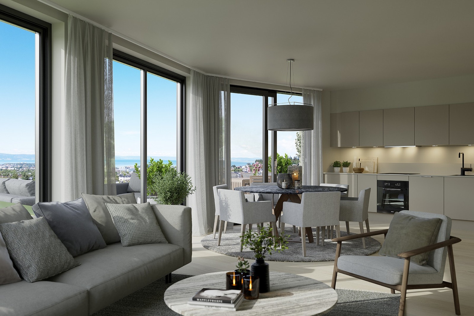 Store vindusflater og vestvendte
balkonger gir rommene rikelig med naturlig lys og sørger for at du kan nyte solen store deler av dagen. Illustrasjonsbilde Galleribilde